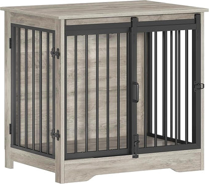 Dog Crate Furniture, 27.2" Double Door Dog Crate with Barn Door, Dog Kennel Indoor, End Side Table Wooden Dog Crate for Small Medium Dog, Anti-Chew Anti-Escape, Greige DFC84305B