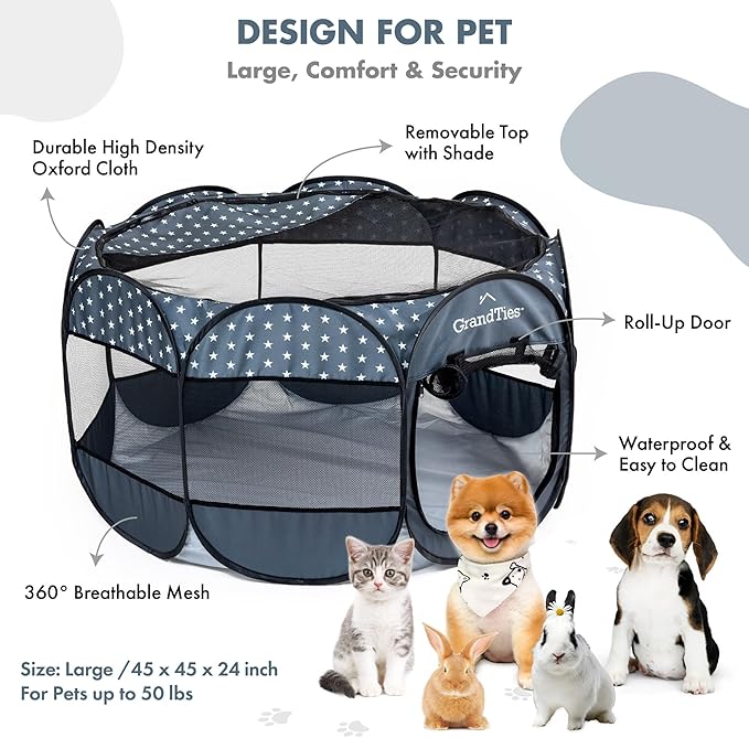 GrandTies Waterproof Dog & Cat Playpen  Foldable Pet Tent for Indoor & Outdoor, Pop-Up Kennel for Puppies, Kittens & Rabbits  Portable Travel Crate with Carrying Case (Starry Night, Large)