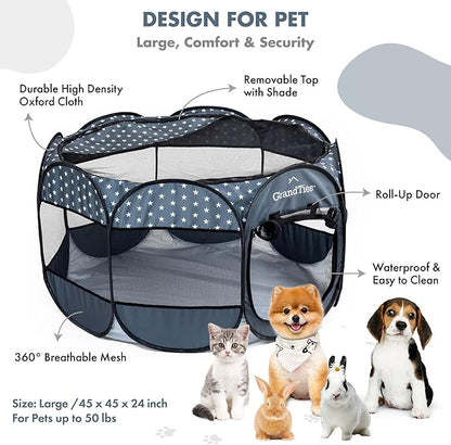 GrandTies Waterproof Dog & Cat Playpen  Foldable Pet Tent for Indoor & Outdoor, Pop-Up Kennel for Puppies, Kittens & Rabbits  Portable Travel Crate with Carrying Case (Starry Night, Large)
