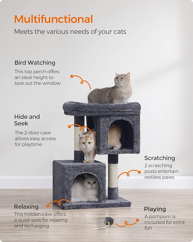 Feandrea Cat Tree, 29.1-Inch Cat Tower, M, Cat Condo for Medium Cats up to 11 lb, Large Cat Perch, 2 Cat Caves, Scratching Post, Smoky Gray UPCT612G01