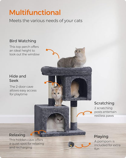 Feandrea Cat Tree, 29.1-Inch Cat Tower, M, Cat Condo for Medium Cats up to 11 lb, Large Cat Perch, 2 Cat Caves, Scratching Post, Smoky Gray UPCT612G01