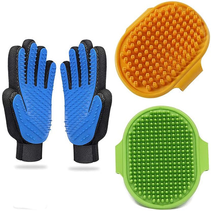 3PCS Pet Grooming Kit: Shampoo Massage Gloves, Hair Fur Remover for Bathing, Shedding Brush for Short & Long Fur