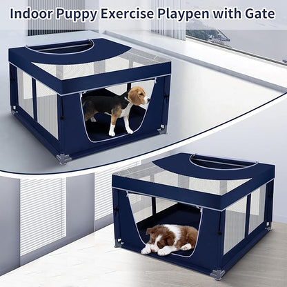 Dog Kitten Playpen with Cover for Cat Indoor, 42x42 x25.5 Puppy Playpen for Small Pet with See-Through Topper Proof Enclosed Door Dog Pen, Sturdy Warm Protable Playpen Pen for Cat