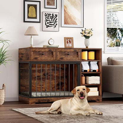 Dog Crate Furniture 47, Large Dog Crate TV Stand with 2 Drawers and 4 Shelves, Wooden Dog Kennel Indoor, Decorative Dog Cage with Storage for Large Dogs, Brown