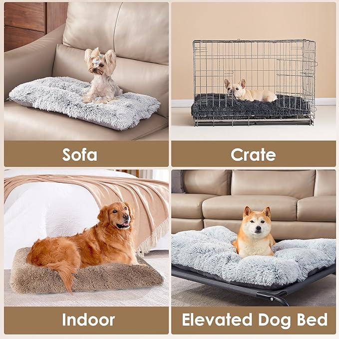 EHEYCIGA Fluffy XXL Dog Crate Pad, Plush Faux Fur Dog Bed for Extra Large Dogs, Calming Anti Anxiety XXL Dog Bed for Crate, Washable Soft Warm Dog Crate Mat with Non-Slip Bottom, Camel