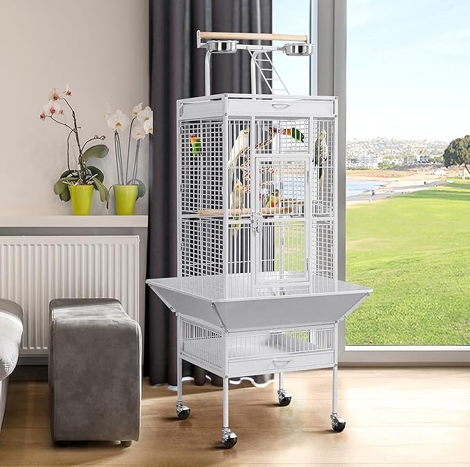 Yaheetech Wrought Iron Bird Cages, Play Top Large Aviary with Stand for Cockatiel Parrot Sun Parakeet Conures Lovebird Budgie Finch African Grey White, 61-inch