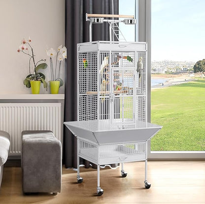 Yaheetech Wrought Iron Bird Cages, Play Top Large Aviary with Stand for Cockatiel Parrot Sun Parakeet Conures Lovebird Budgie Finch African Grey White, 61-inch