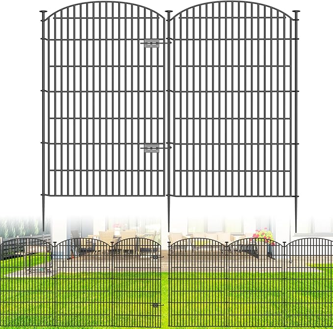 8 Panels No Dig Decorative Garden Fence with Gate - 48 in (H) x 20.8 ft (L), Dog Fence Outdoor for Yard, Rustproof Metal Animal Barrier Ground Stakes Fencing for Garden, Patio, Flower Bed