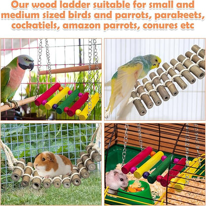PINVNBY 2PCS Bird Ladder Bridge, Bamboo Bird Toys with Colorful Wooden Bird Swing Toy for Cage, Parakeet Cage Accessories for Small and Medium Birds Budgie Conure Cockatiel