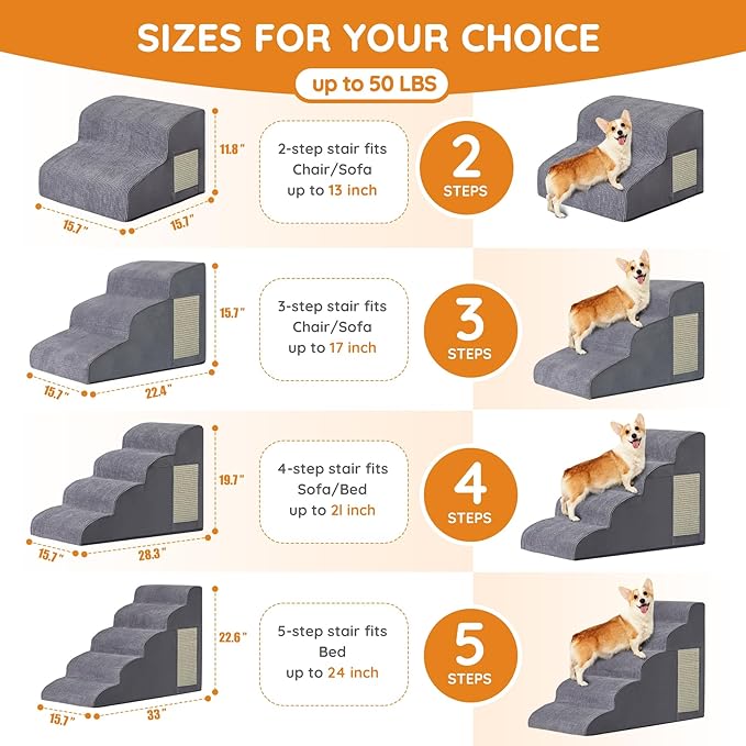 Pet Stairs, Dog Stairs for Small Dogs, Dog Steps, 3-Step Curved Dog Ramp for Bed, Couch, Sofa, Car and Chairs, Non-Slip Bottom Design, Cat Scratching Board, High Density Foam Portable Pet Step, Grey