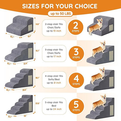 Dog Steps for Bed, Dog Stairs for Small Dogs, 4-Step Dog Ramp for Bed, Couch, Sofa, and Chairs, Non-Slip Bottom Design, Cat Scratching, High Density Foam Portable Pet Step, Indoor, Grey