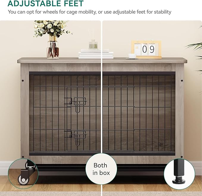 DWVO Dog Kennel Furniture with Cushion, 38" Wooden Dog Crate Furniture with Wheels, Dog Crate End Table with Tray, Dog Cage with Double Doors for Small/Medium Dog (Grey)