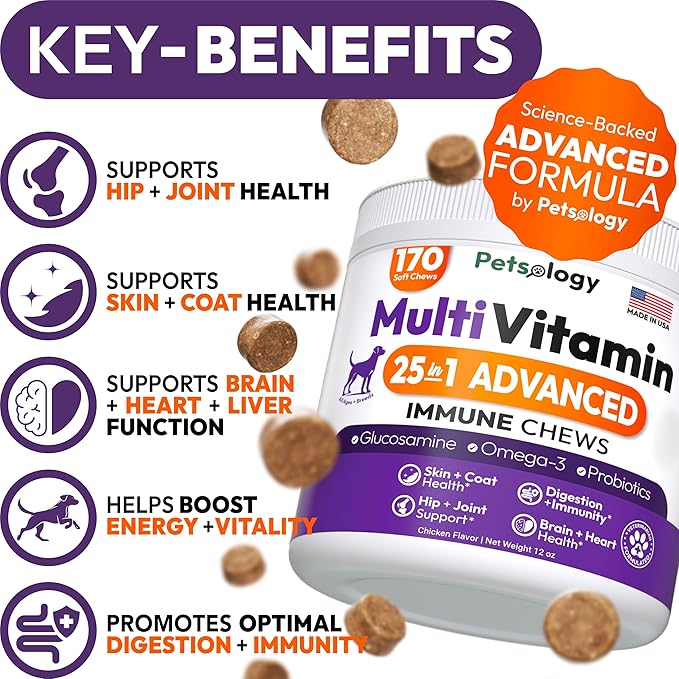 Dog Multivitamin Chewable - Dog Vitamins and Supplements with Glucosamine - 170 Chews - Hip & Joint, Pet Immune Support, Skin & Coat, Gut & Heart Health - Senior & Puppy Multivitamin Pet Supplement