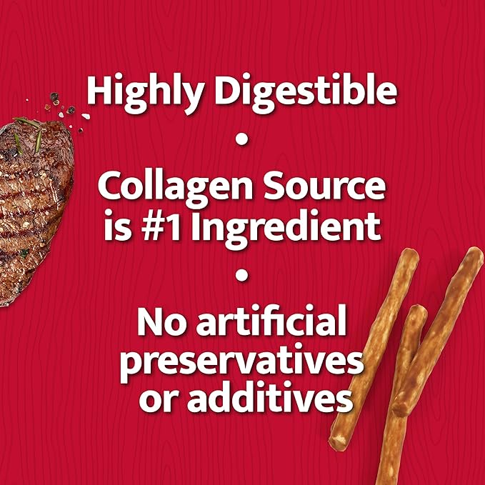 Real Beef Collagen Sticks for Dogs, Dog Chews Long Lasting, Rawhide Free - 15 Pack High Protein Chew Dog Treats for Small, Medium, and Large Dogs