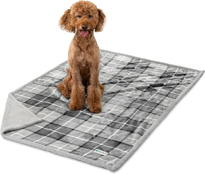 PetAmi WATERPROOF Dog Blanket for Bed, XL Dog Pet Blanket Couch Cover Protection, Sherpa Fleece Leakproof Bed Blanket for Crate Kennel Sofa Furniture Protector, Reversible Soft 80x60 Plaid Light Gray
