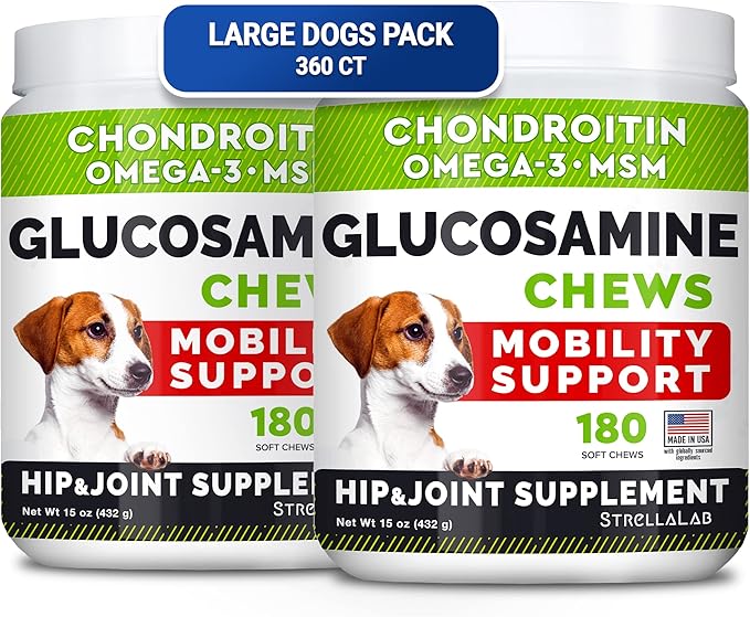 Glucosamine for Large Dogs - Joint Supplement Large Breed w/ Omega-3 Fish Oil - Chondroitin, MSM - Advanced Mobility Chews - Joint Pain Relief - Hip & Joint Care - Chicken Flavor - 360Ct - Made in USA