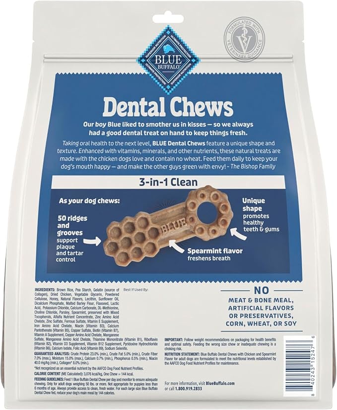 Blue Buffalo Dental Chews Large Natural Dog Treats, Chicken & Spearmint 33-oz Bag (21 Count)
