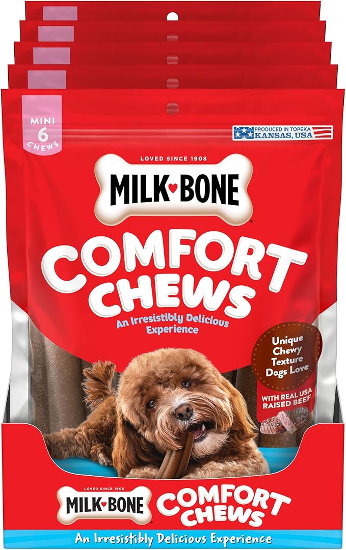 Milk-Bone Mini Comfort Chews, Rawhide Free Dog Treats with Unique Chewy Texture and Real Beef, 6 Mini Chews (Pack of 5)