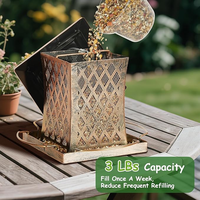 Outdoor Bird Feeder, Heavy Duty Retro Lamp Style Bird Feeders for Outside Hanging, Double Metal Mesh Birdfeeder with Lid Fixing Buckle, 3Lbs Capacity - Bronze