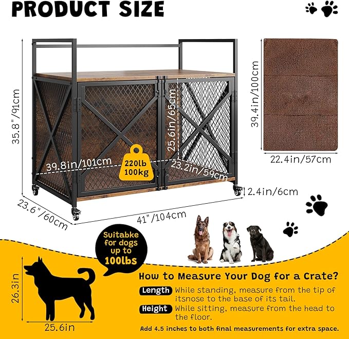 41 Inch Dog Crate Furniture, Heavy Duty Decorative Dog Cage with Lockable 360° Wheels, Double Door Dog Kennel End Table for for Small Medium Large Dog, Rustic Brown