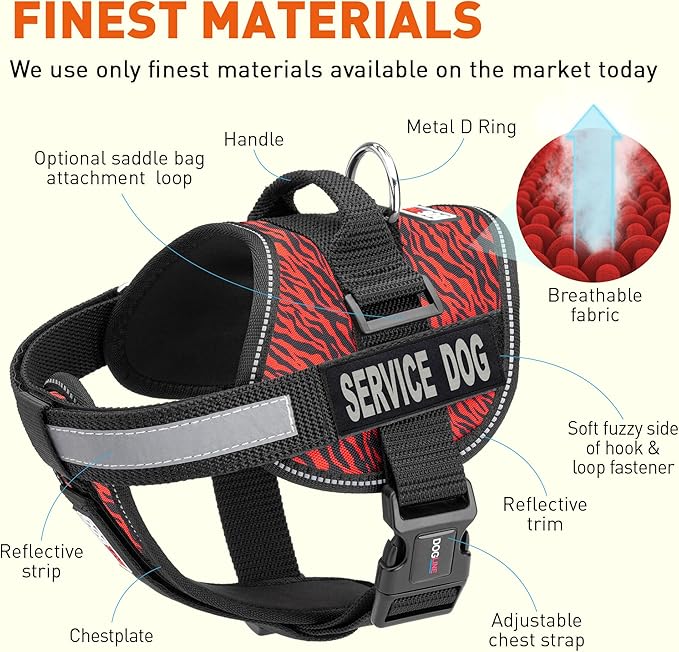 Dogline Unimax Dog Harness Vest with Service Dog Patches Reflective No-Pull, Adjustable Straps, Breathable Neoprene for Medical, Service, Identification and Training Dogs Girth 28 to 38" Zebra Red