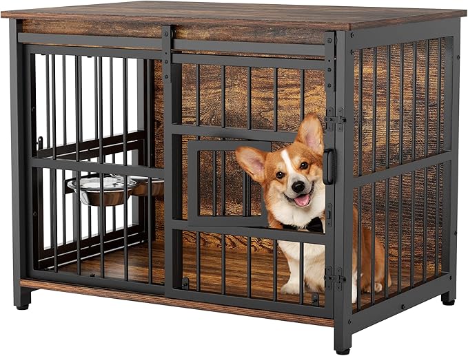 Furniture Dog Crate for Medium Dogs: Interactive Window for Anxiety Dogs, 360°Rotatable & Elevated Bowls, Heavy Duty Wooden Dog Kennel/Cage for Indoor, Double Door with Sliding Door