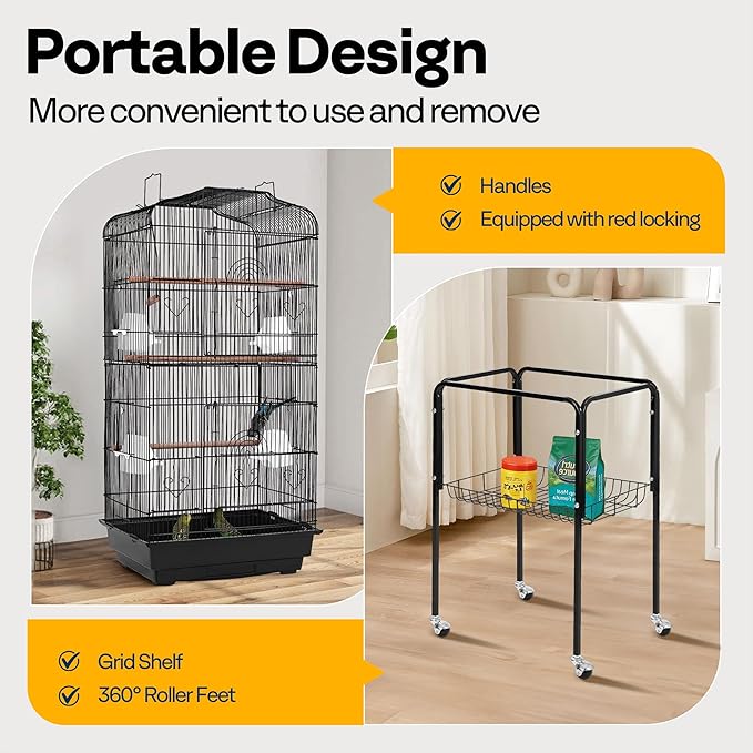 VIVOHOME 64 Inch Bird Cage with Play Top and Rolling Stand for Parrots Conures Lovebird Cockatiel Parakeets Black