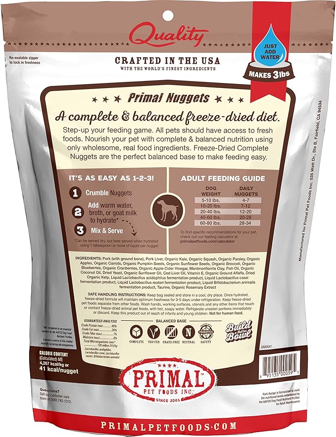 Primal Freeze Dried Raw Dog Food Nuggets, Pork, Complete & Balanced Meal, Also Use as Topper or Treat, Premium, Healthy, Grain Free, High Protein Raw Dog Food, 14 oz