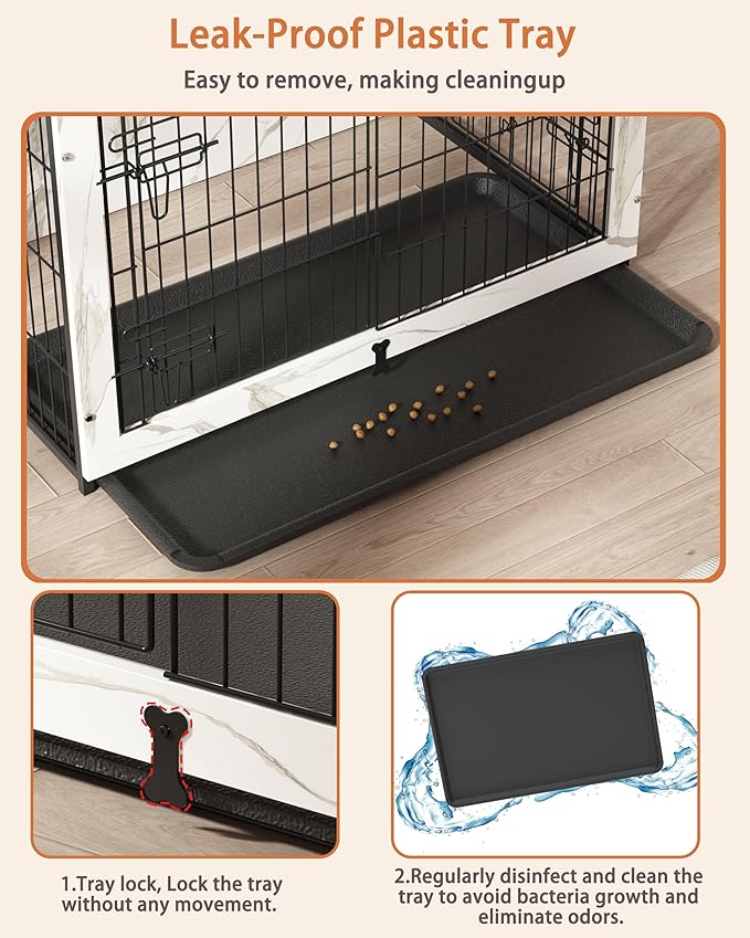 Megidok Wooden Dog Crate Furniture with Cushion, End Table with Tray, Double Doors (L:37" W:25" D:26" H, Marble White)
