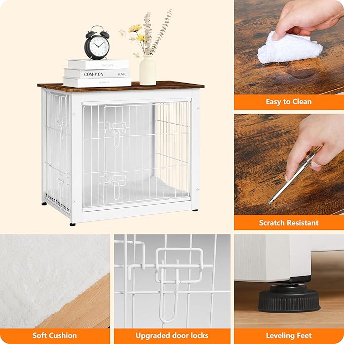 DWANTON Dog Crate Furniture with Cushion, Wooden Dog Crate with Double Doors, Dog Furniture, Dog Kennel Indoor for Small Dogï¼_nd Table, 27.2" L, White+Rustic Brown