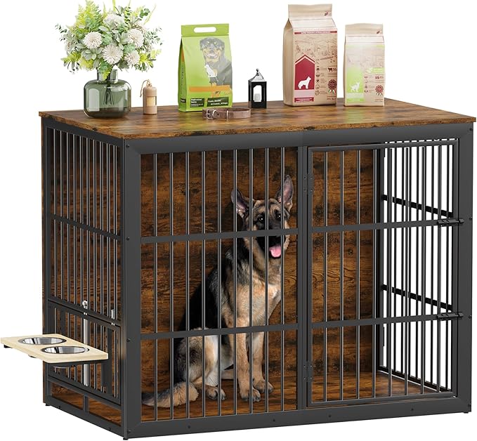 Rovibek 48 Inch Large Dog Crate with 2 Height Adjustable Dog Bowls 360° Rotatable, Cage Furniture for Large/Extra Large Dog Crate Indoor as End Table, Heavy Duty Dogs Kennel, Brown