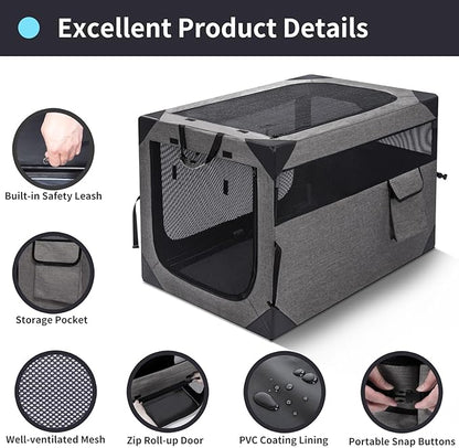 36 Inch Portable Travel Dog Crate, 3 Door Collapsible Soft Pet Kennel with Durable Mesh Windows for Medium Dogs, Foldable Dog Cage with Storage Pocket for Outdoor (Dark Grey)