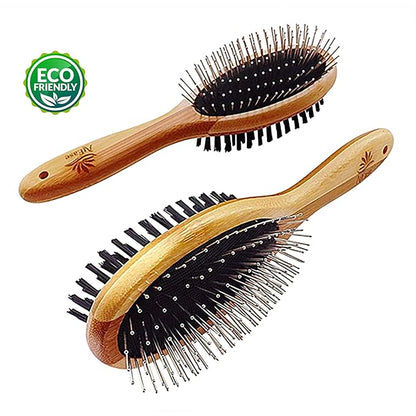 Double Sided Dog Brush - for Long or Short Haired Dogs and Cats Natural Bamboo Eco Friendly Pet Grooming Dual Sided Pin and Bristles for Deshedding Hair