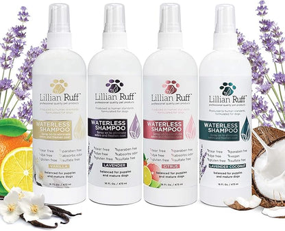 Lillian Ruff Waterless No-Rinse Dog Dry Shampoo Spray with Hydrating Essential Oils - pH-Balanced Dry Shampoo for Dogs - Clean, Condition, Detangle & Deodorize Dry, Sensitive Skin (Citrus)