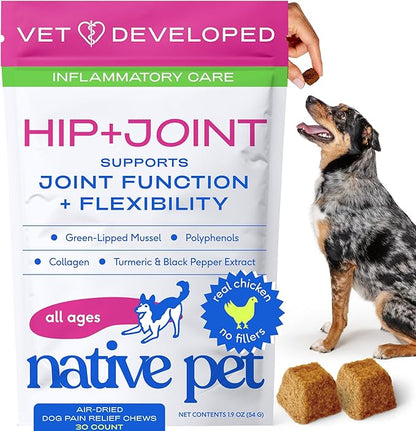 Native Pet Pain Relief for Dogs - Collagen for Dogs Promotes Joint Health, Reduce Inflammation & Stiffness - Senior Pup Joint Supplement - Natural Pain Reliever for Active & Aging Pets - 30 Chews