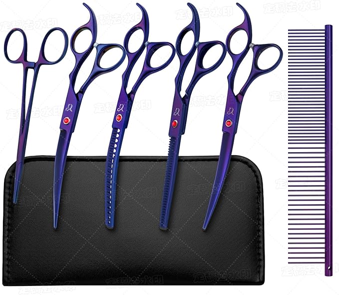 Dog Grooming Scissors,Purple Curved Chunkers Shears with Safety Round Tips,Sharp and Durable 6 in 1 Dog Scissors for Grooming