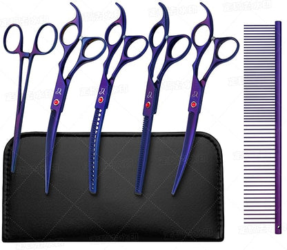 Dog Grooming Scissors,Purple Curved Chunkers Shears with Safety Round Tips,Sharp and Durable 6 in 1 Dog Scissors for Grooming