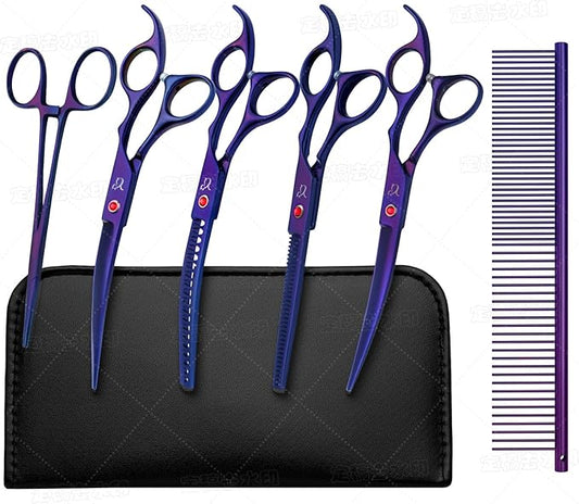 Dog Grooming Scissors,Purple Curved Chunkers Shears with Safety Round Tips,Sharp and Durable 6 in 1 Dog Scissors for Grooming