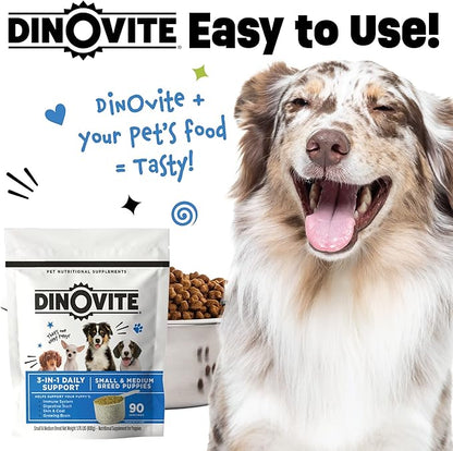 Dinovite 3 in 1 Probiotic for Puppies, Skin & Coat, Digestive Health & Joint Relief, Dog Food Toppers, Salmon Oil, Glucosamine, Allergy Relief & Itch Relief Skin Care, 90 Servings (Puppy)