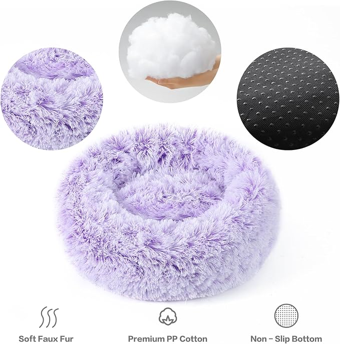 NOYAL Calming Donut Dog Bed for Small to Medium Dogs & Cats - Plush Faux Fur Anti-Anxiety Pet Bed with Machine Washable Cover & Non-Slip Base