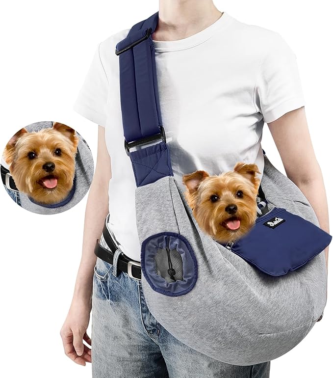 SlowTon Dog Carrier Sling - Puppy Carrier with Window and Storage Pocket Fits up to 12lbs, Dog Sling with Thick Adjustable Shoulder Strap and Safety Leash, Pet Carrier Bag for Small Dogs Cats(Blue M)