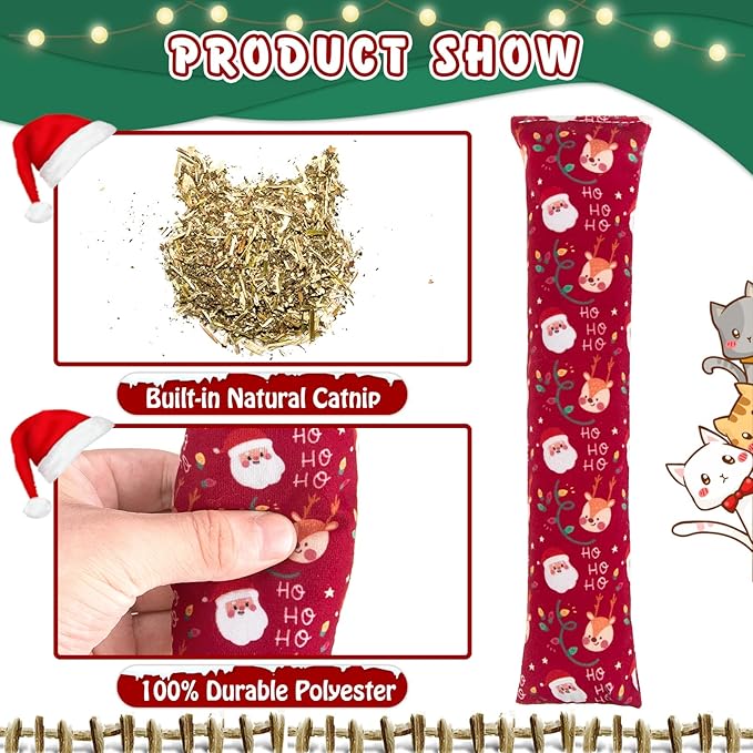 KOOLTAIL Cat Catnip Toys for Christmas, 3 Pack Durable Soft Kicker Toy Filled with Natural Catnip, Interactive Bite Resistant Chew Gift for Indoor Cats Kitten