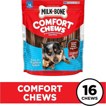 Milk-Bone Comfort Chews, Rawhide Free Dog Treats with Unique Chewy Texture and Real Beef, 16 Chews, Easy on Digestive System