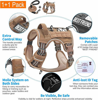 Heavy Duty Tactical Dog Harness for Large Dogs, No Pull Adjustable Pet Harness Reflective Service Training Easy Control Pet Vest Military K9 Working Dog Harnesses-X- Large, Brown