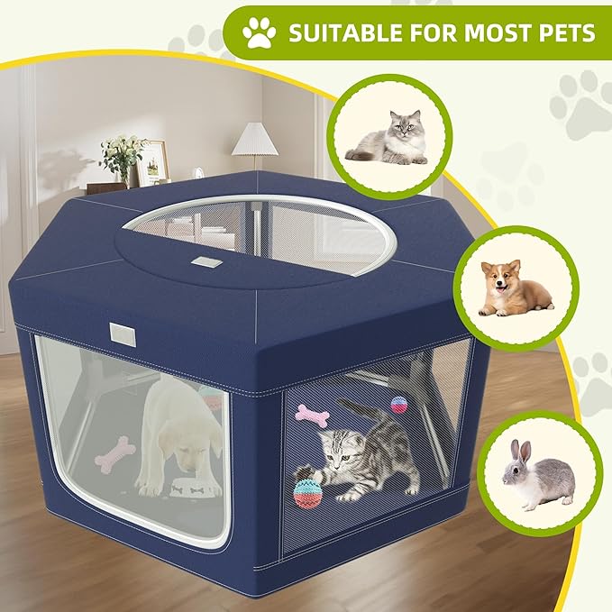 Dog Playpen 45x45 Inch, Hexagonal Type Puppy PlayPen with Gate for Puppies, Cat, Pet PlayPen with Roof for Outdoors & Indoors, Thickened Fabric, Safe & Sturdy Dog Fence