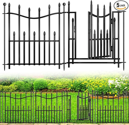 5 Panels No Dig Decorative Garden Fence with Gate, 24in(H) _ 11ft(L) Heavy-Duty Rustproof Metal Panels, Outdoor Dog Barrier for Yard & Patio, Landscape, Border| Portable Temporary Fencing