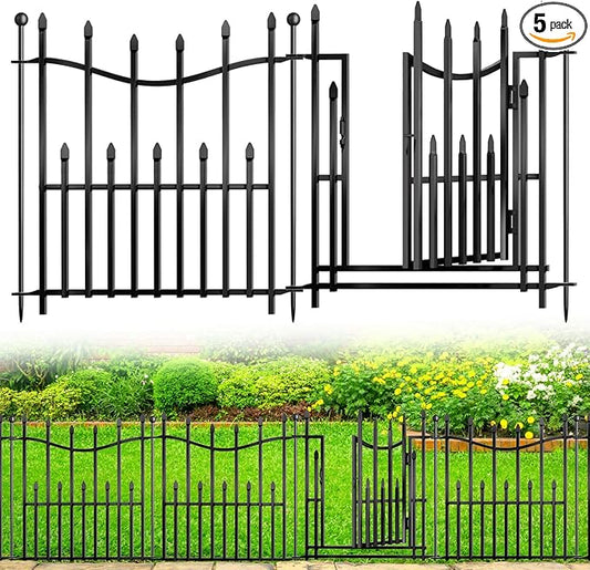 5 Panels No Dig Decorative Garden Fence with Gate, 24in(H) _ 11ft(L) Heavy-Duty Rustproof Metal Panels, Outdoor Dog Barrier for Yard & Patio, Landscape, Border| Portable Temporary Fencing