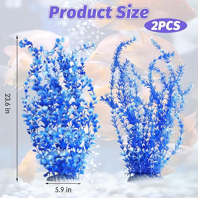 Hamiledyi Aquarium Plastic Plants Aquarium Decor Artificial Fish Tank Plants,Tall Fish Tank Decorations, Extra Large Aquarium Plant 23.6-inch Tall,2PCSï¼_lueï¼