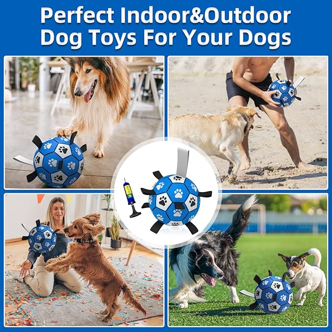 QDAN Dog Ropes Toys Soccer Ball with Straps, Interactive Dog Toys for Tug of War, Puppy Birthday Gifts, Dog Tug Toy, Dog Water Toy, Durable Dog Balls for Medium & Large Dogs-Blue&Grey（8 Inch）