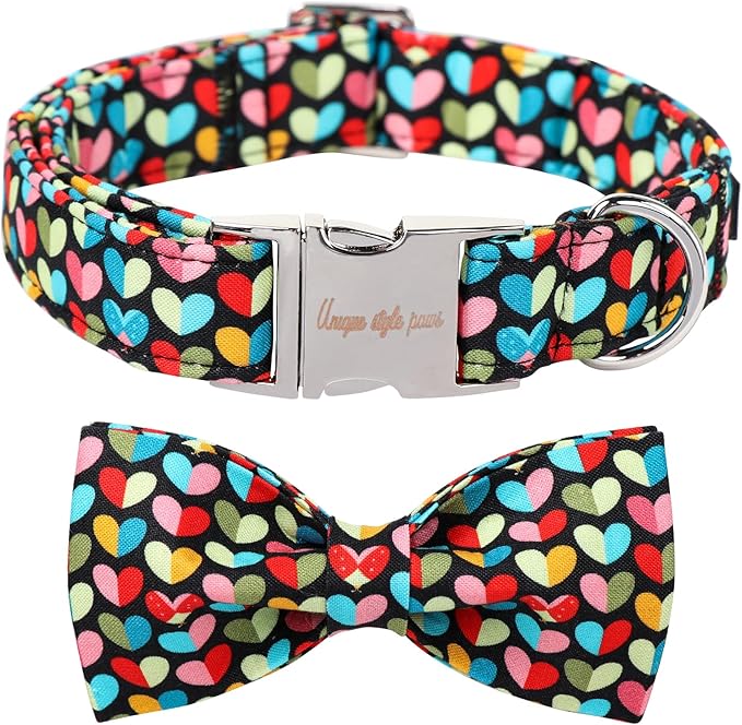 Unique Style Paws Valentine's Day Dog Collar with Bow Colorful Heart Love Dog Collars for Small Medium Large Dog New (L, Heart Bow)